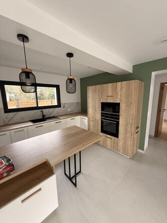 👉 Cuisine avec mur vert + bois ✔️ rendu haut de gamme ✔️ super lumière